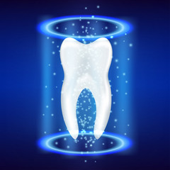 Dentist ads offer for tooth whitening, caries healing. Vector poster decor with shining portal and sci fi blue projector illumination. Performance scene with luxurious glow. Advanced medical approach.