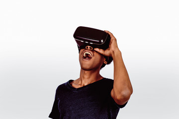 Afro American man experiencing virtual reality.