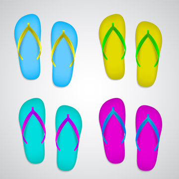 Flip flops vector set isolated on a white background. Festive slipper beach footwear to walk on sand beaches, symbol of tropical holidays. Funny sea shoes rubber outfit accessoir. Vacation sandals.