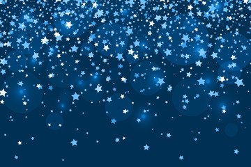 Falling stars on blue background. Stars Confetti. Christmas, New Year celebration holiday background. Vector Illustration
