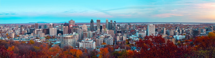 Montreal downtown sunset with colorful autumn season leaves.