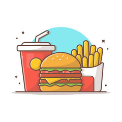 Tasty Combo Kid Meal Menu Cheese Burger with French Fries and Soda Vector Illustration. Flat Cartoon Style Suitable for Web Landing Page,  Banner, Flyer, Sticker, Wallpaper, Card, Background