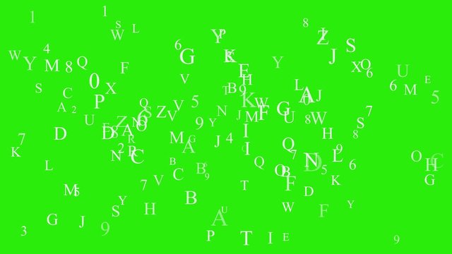 Animated ABC characters, number flying over background. Royalty high-quality free stock footage of alphabet flying on math, or educational green background. White alphabet floating in green space