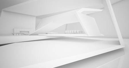 Abstract architectural white interior of a minimalist house with swimming pool. 3D illustration and rendering.