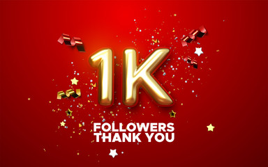 One thousand. Thank you followers. Vector 3d illustration for blog or post design. 1K golden sign with confetti on red background. Social media festive banner.