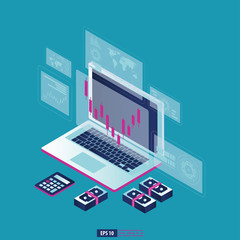 Return on investment ROI graph and chart in laptop. business growth arrows to success. business background vector illustration