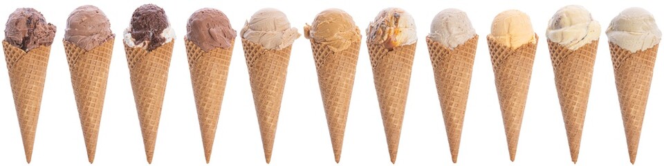 Set of various ice cream cones on white background isolated 