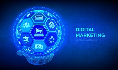 Digital marketing concept. Search Engine Optimisation. SEO. SMM. Advertising. Internet. Online. Abstract 3D sphere or globe with surface of hexagons in robotic hand. Vector illustration.