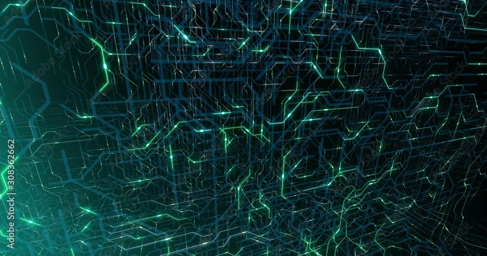 Poster 4k seamless loop of printed circuit board (pcb) in motion. artificial intelligence (ai), data mining