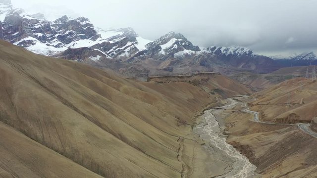 drone shot of the barren mountains of ladakh