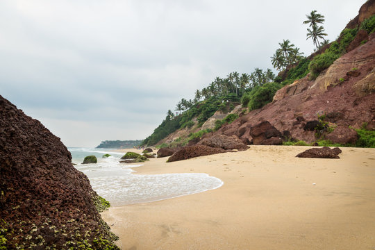 Cliff of Varkala along the coast with volcanic stones, India