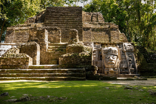 Mayan Mask Temple At Lamanai In Northern Belize.