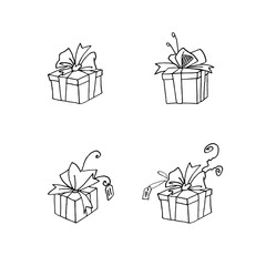 Set of Gift, present box. Christmas, new year, birthday, other holiday. Simple illustration for greeting cards, calendars, prints, children's coloring book. Doodles outline hand drawn
