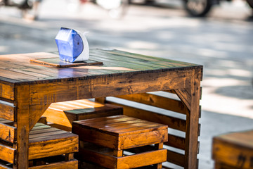 Blurred abstract background of paper boxes placed on the tableware Street food street style