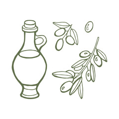 Hand drawn set Olive oil and branch. Vector illustration isolated on white background.