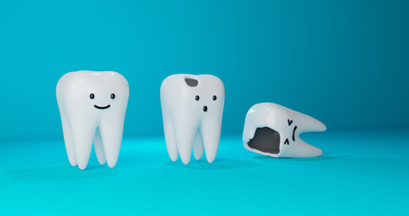 Image of cartoon style tooth character: a healthy tooth, teeth with a hole and caries. Concept for dental clinic, medicine, treatment of children's teeth design. 3d render illustration.