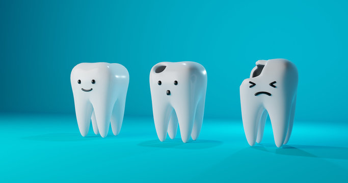 Image of cartoon style tooth character: a healthy tooth, teeth with a hole and caries. Concept for dental clinic, medicine, treatment of children's teeth design. 3d render illustration.