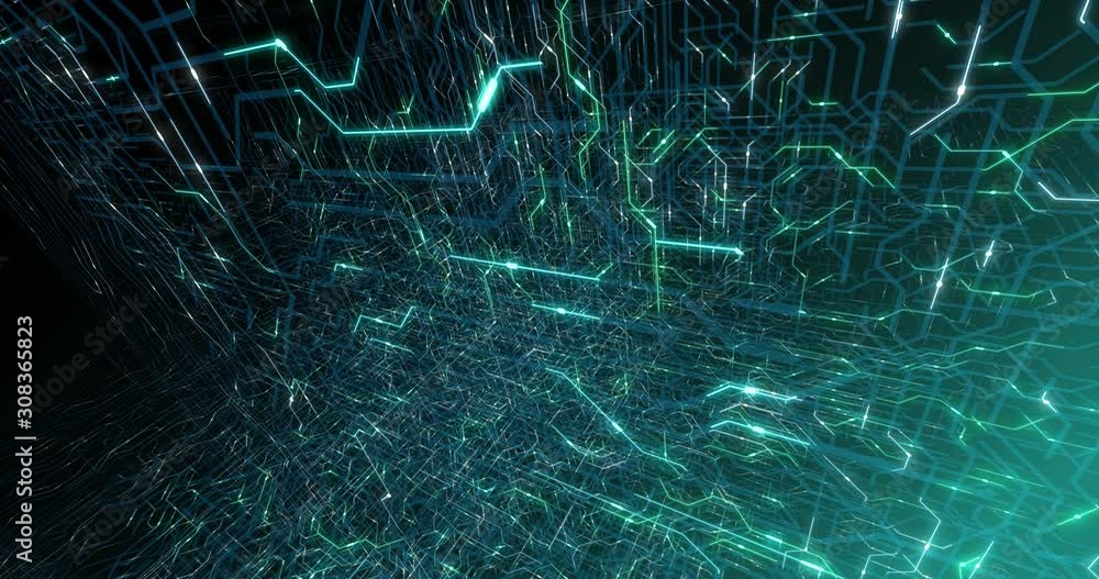 Poster 4k seamless loop of printed circuit board (pcb) in motion. artificial intelligence (ai), data mining