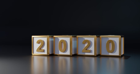 Obraz premium Cubes with gold number 2020. Concept of New 2020 year. 3d background of black color design. 3d render illustration.