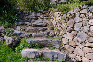 Stone staircase with stone wall, Pisac, Peru