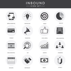 Solid inbound marketing vector icon set - CTAs, social media, magnet