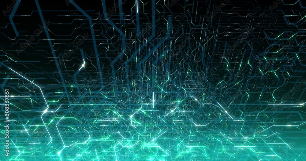 Poster 4k seamless loop of printed circuit board (pcb) in motion. artificial intelligence (ai), data mining