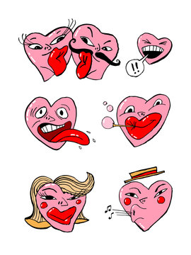 Images of stylized hearts with red lips, eyes, mustache and other elements. Can be used as stickers or for Valentine's day decoration.