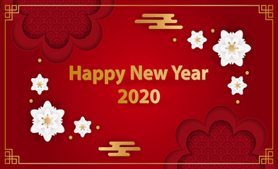Obraz na płótnie Canvas Happy Chinese new year 2020 year of the rat paper cut style. Vector Illustration. Paper cut flowers.Background for greetings, card, flyers, invitation, posters, brochure, banners, calendar.