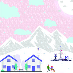 Fototapeta premium Panoramic vector illustration of winter wonderland in pink pastel background.The cute small village in Christmas day with snow.Kids playing outside with snowman and snowball.Minimal winter landscape.