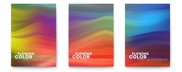 Set of posters with flowing pattern. Abstract stream of colorful liquid shape. Modern background with gradient stripes. Flow of color ink. Vector illustration EPS10