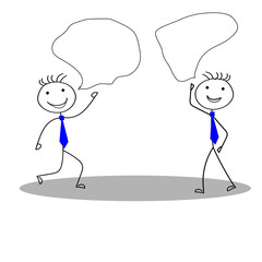 two stickman  with empty speech bubbles are going to meet each other . Stick man drawing.
