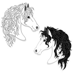 Vector illustration of horse head clip-art set. Monochrome image. Colouring page.