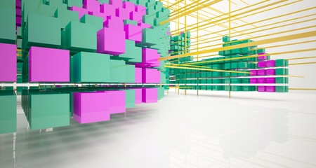 Abstract white interior from array colored cubes with window. 3D illustration and rendering.