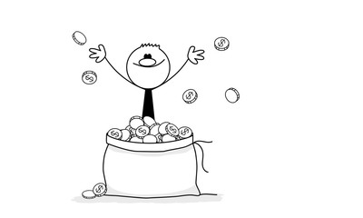 Doodle stick figure: rich man or businessman with a big bag of money. Cartoon finance concept.