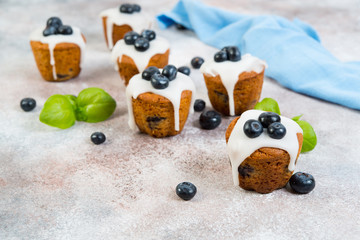 Delicious vanilla muffins in sugar Fudge lie on a concrete background. Horizontal photo.