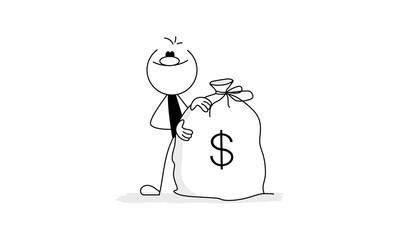 Doodle stick figure: Cartoon finance concept. Man or businessman with a big bag of money.