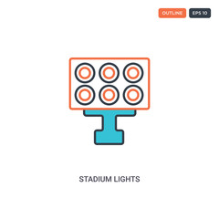 2 color stadium lights concept line vector icon. isolated two colored stadium lights outline icon with blue and red colors can be use for web, mobile. Stroke line eps 10.