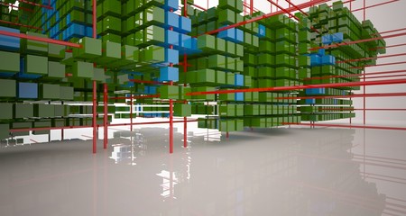 Obraz premium Abstract white interior from array colored cubes with window. 3D illustration and rendering.