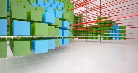 Abstract white interior from array colored cubes with window. 3D illustration and rendering.
