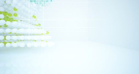 Abstract white and colored gradient glasses interior from array spheres with large window. 3D illustration and rendering.