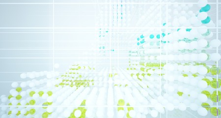 Abstract white and colored gradient glasses interior from array spheres with large window. 3D illustration and rendering.