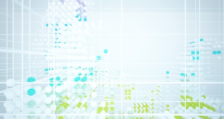 Obraz premium Abstract white and colored gradient glasses interior from array spheres with large window. 3D illustration and rendering.