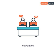 2 color Coworking concept line vector icon. isolated two colored Coworking outline icon with blue and red colors can be use for web, mobile. Stroke line eps 10.