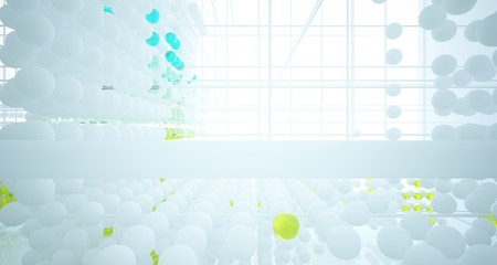 Abstract white and colored gradient glasses interior from array spheres with large window. 3D illustration and rendering.