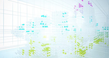 Abstract white and colored gradient glasses interior from array spheres with large window. 3D illustration and rendering.