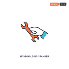 2 color Hand holding spanner concept line vector icon. isolated two colored Hand holding spanner outline icon with blue and red colors can be use for web, mobile. Stroke line eps 10.