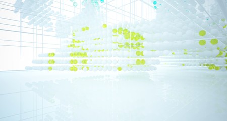Obraz premium Abstract white and colored gradient glasses interior from array spheres with large window. 3D illustration and rendering.