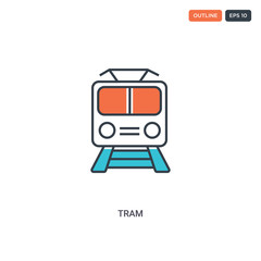 2 color Tram concept line vector icon. isolated two colored Tram outline icon with blue and red colors can be use for web, mobile. Stroke line eps 10.