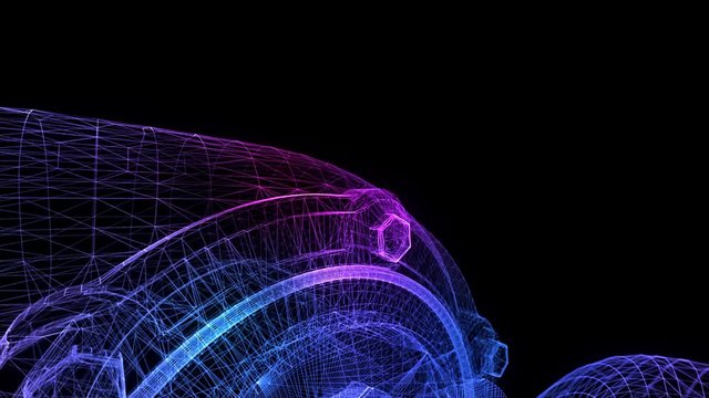 Turbocharger model formation from abstract polygonal line. Low poly turbine in motion, lines and connected to form. Digital technology visualization of 3d.