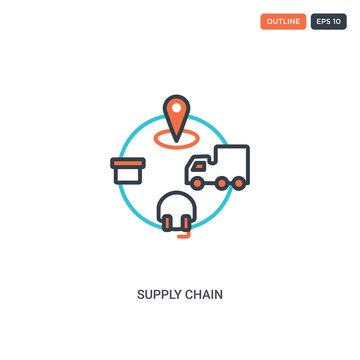 2 Color Supply Chain Concept Line Vector Icon. Isolated Two Colored Supply Chain Outline Icon With Blue And Red Colors Can Be Use For Web, Mobile. Stroke Line Eps 10.